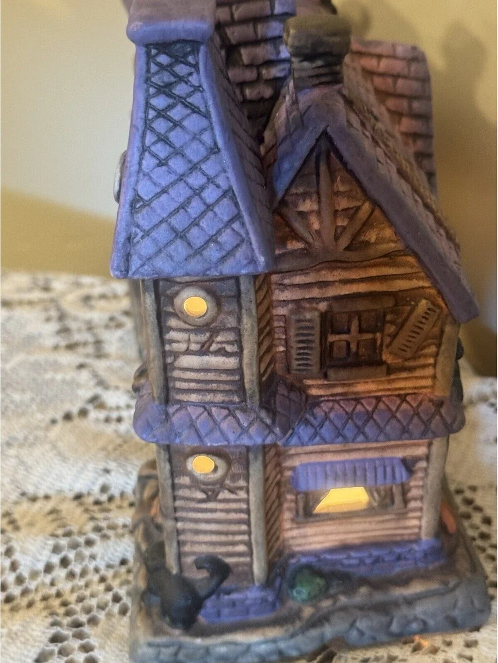 Halloween Haunted House Purple Brown Black Cats Pumpkin Man Lighted Whimsical